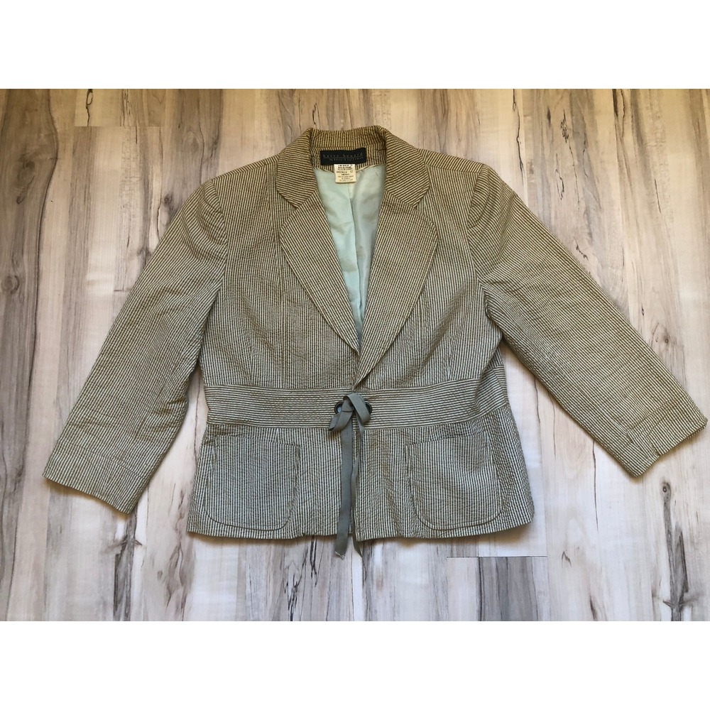 Vintage Harve Benard Seersucker Stripe Blazer Jacket Tan White Size 12 Tie Front